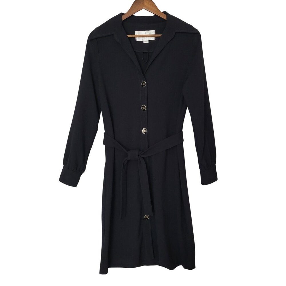 Classic Black Midi Shirt Dress with Waist Tie